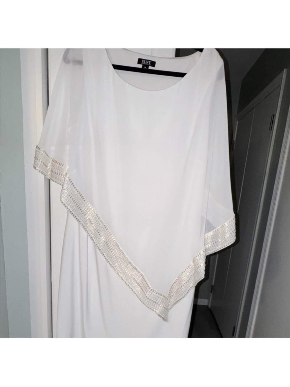 SLNY White Chiffon Overlay Dress with Beaded Trim